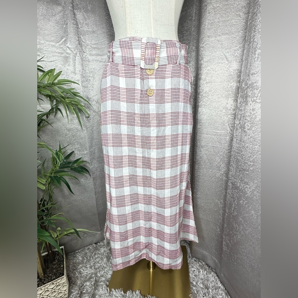 NWT Mango Casual Checkered Midi Skirt With Belt Button Front XS